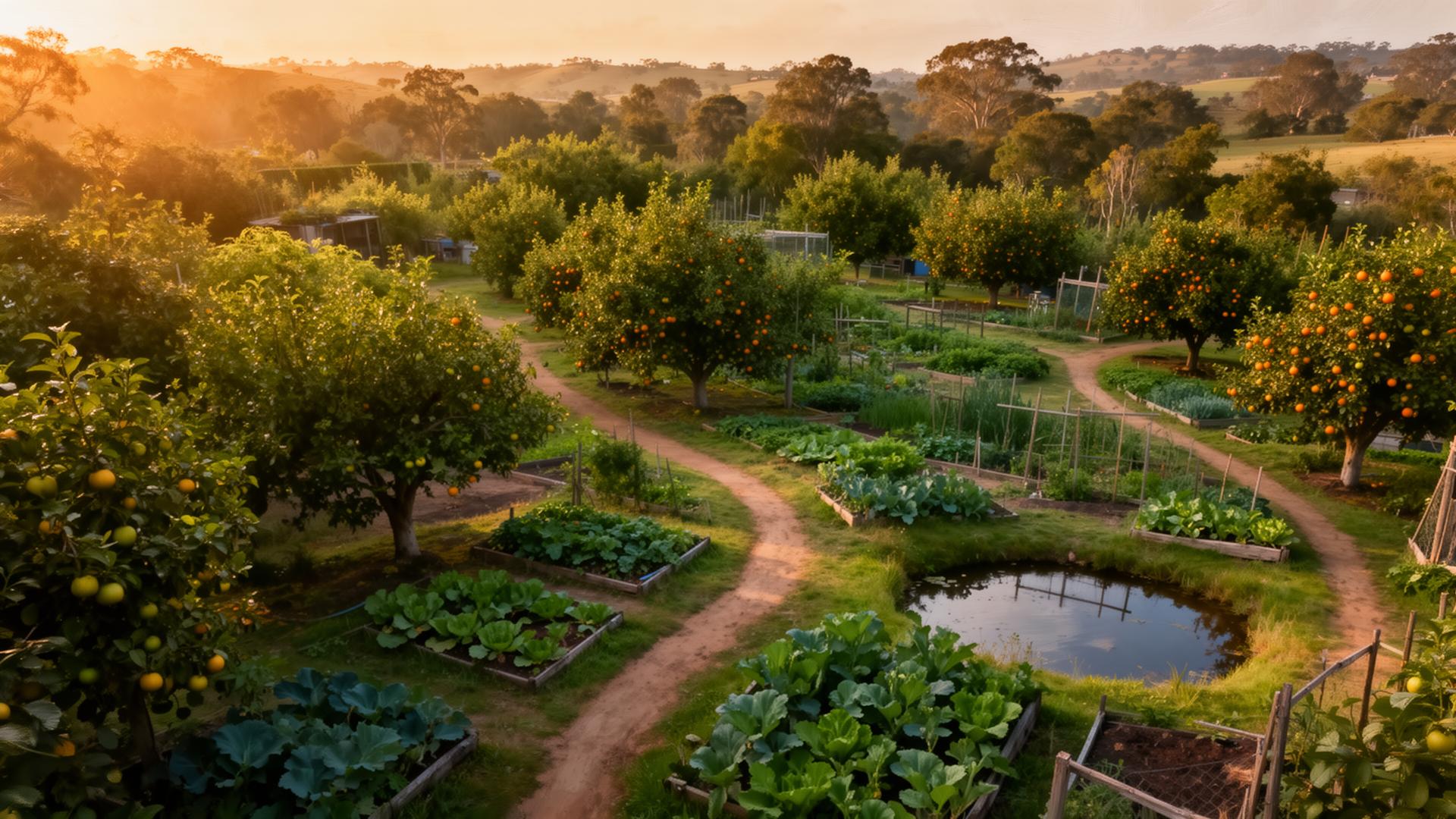 Aerial view of a permaculture food forest at sunset