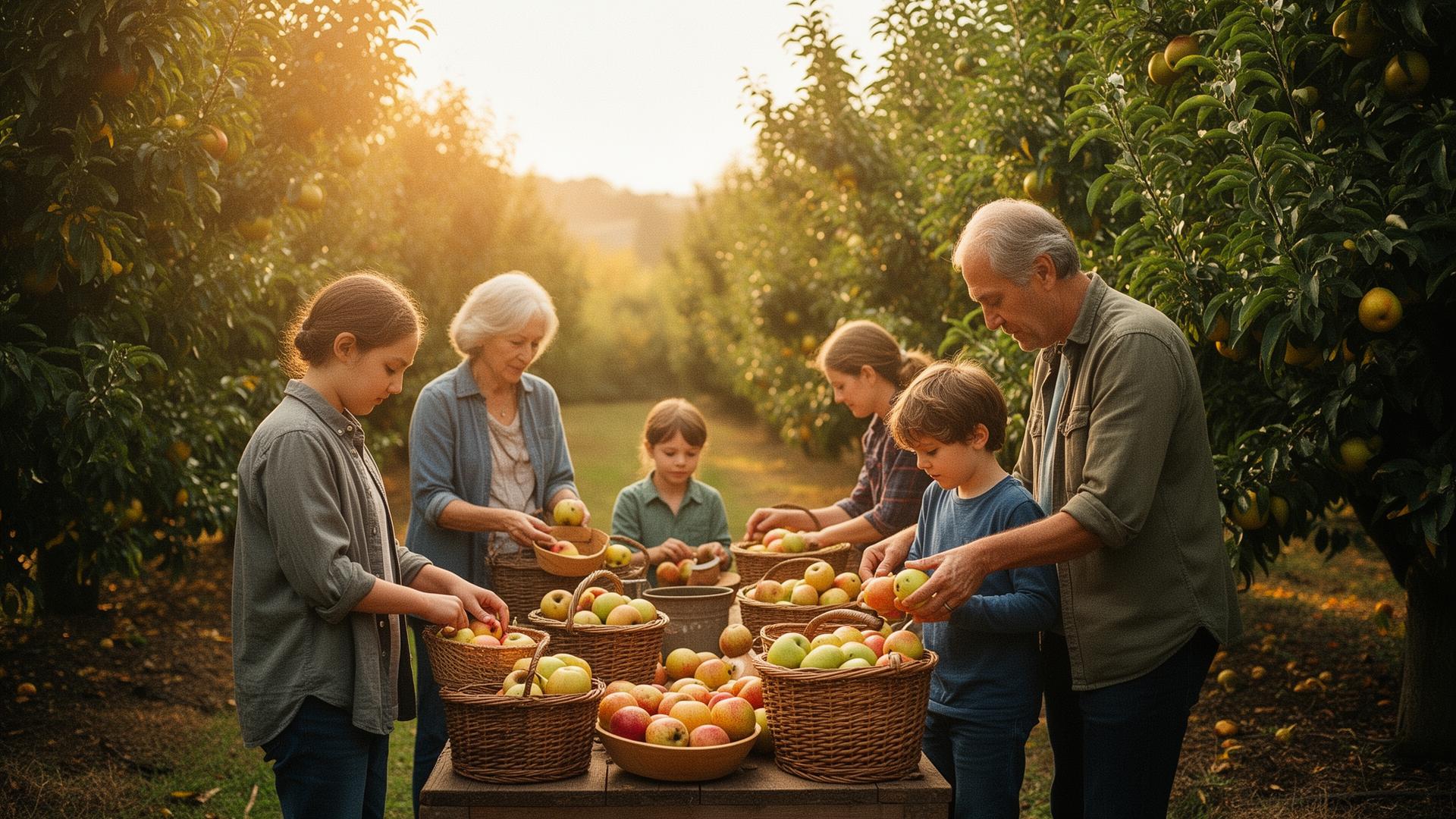 A family harvesting fruit together in an orchard at golden hour