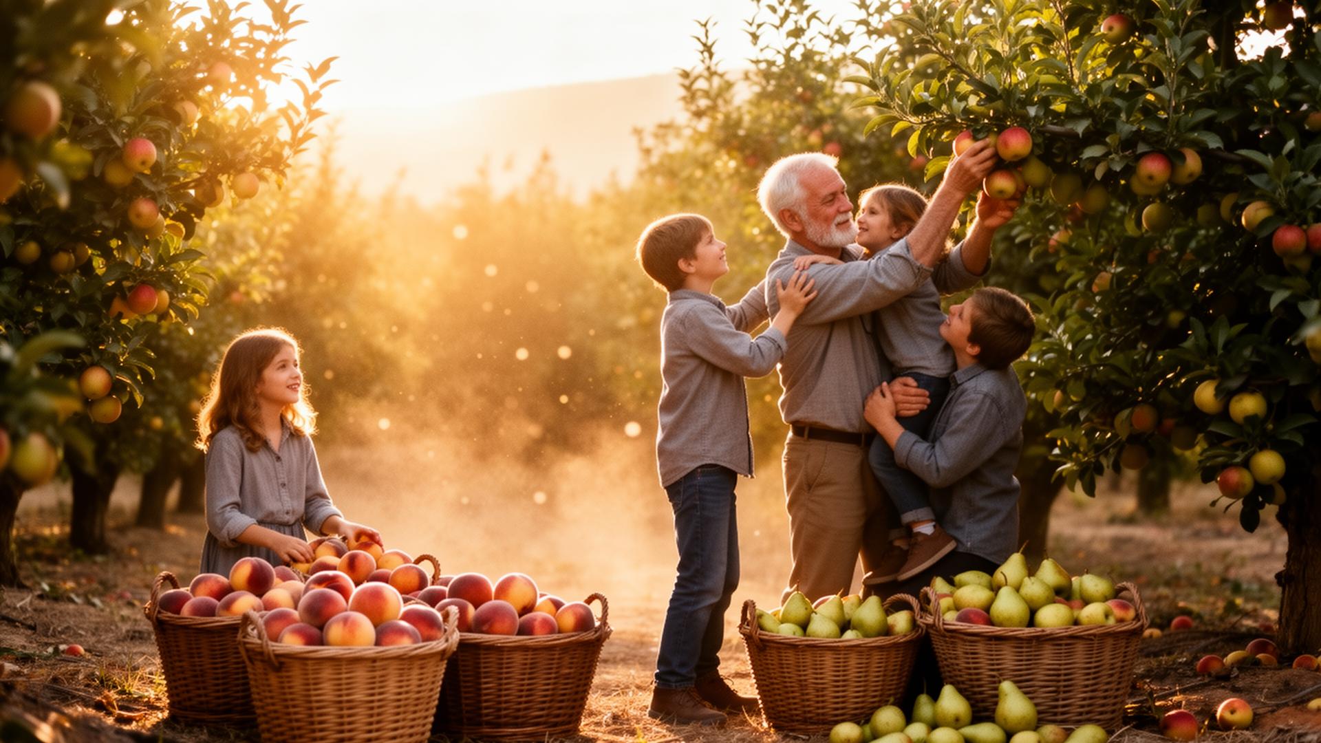 A family harvesting fruit together in an orchard at golden hour