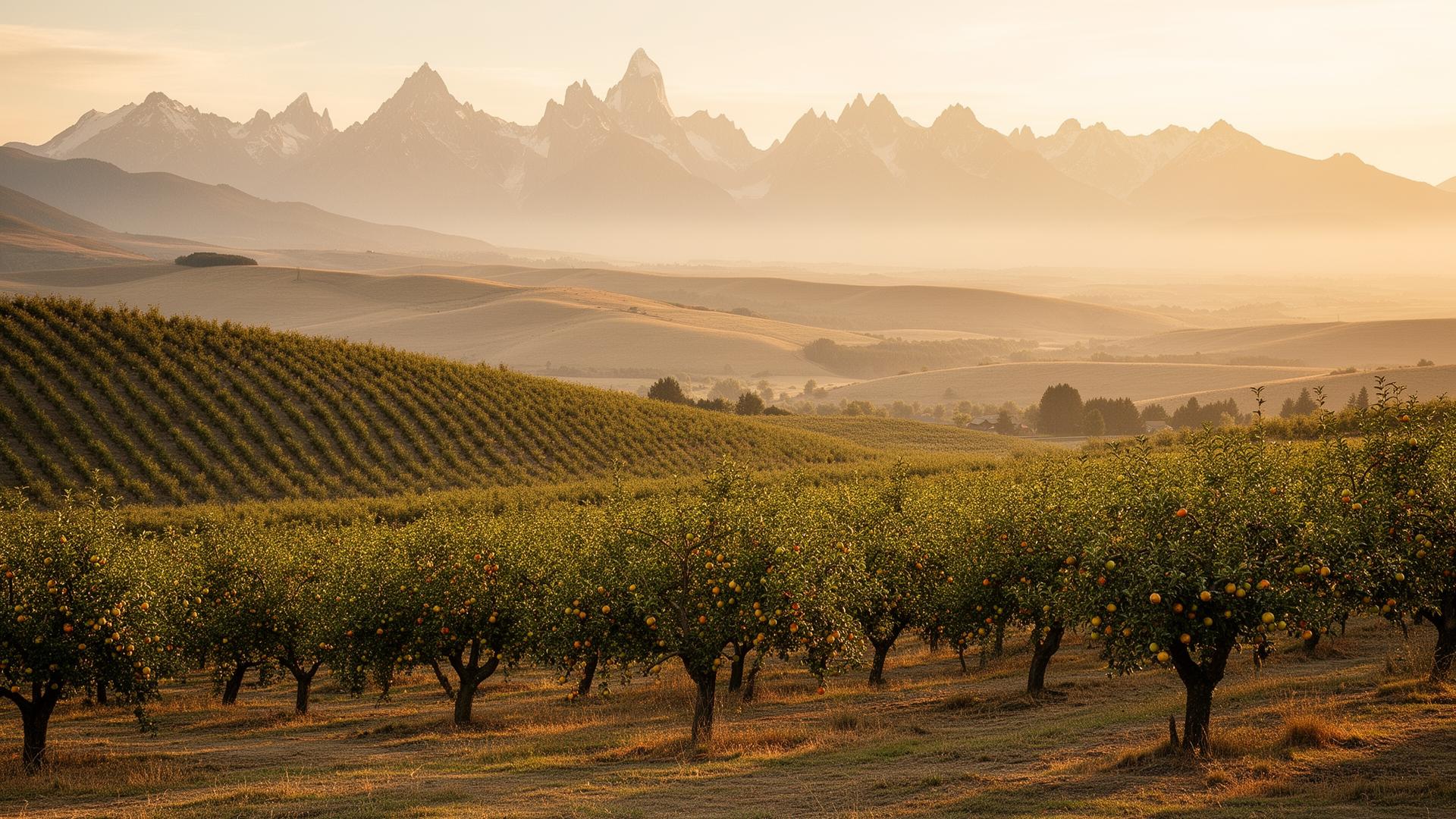 A wide orchard at golden hour fading into distant mountains