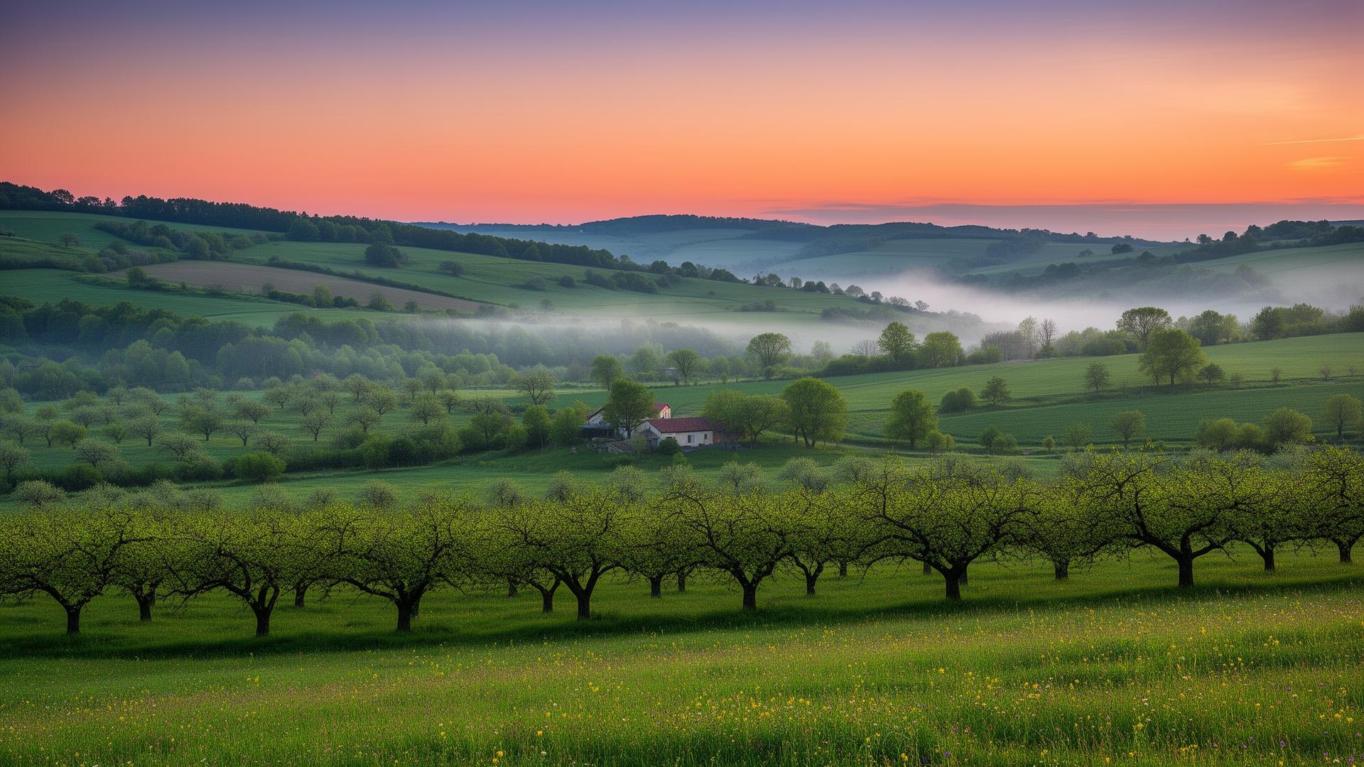 Misty orchard valley at sunrise