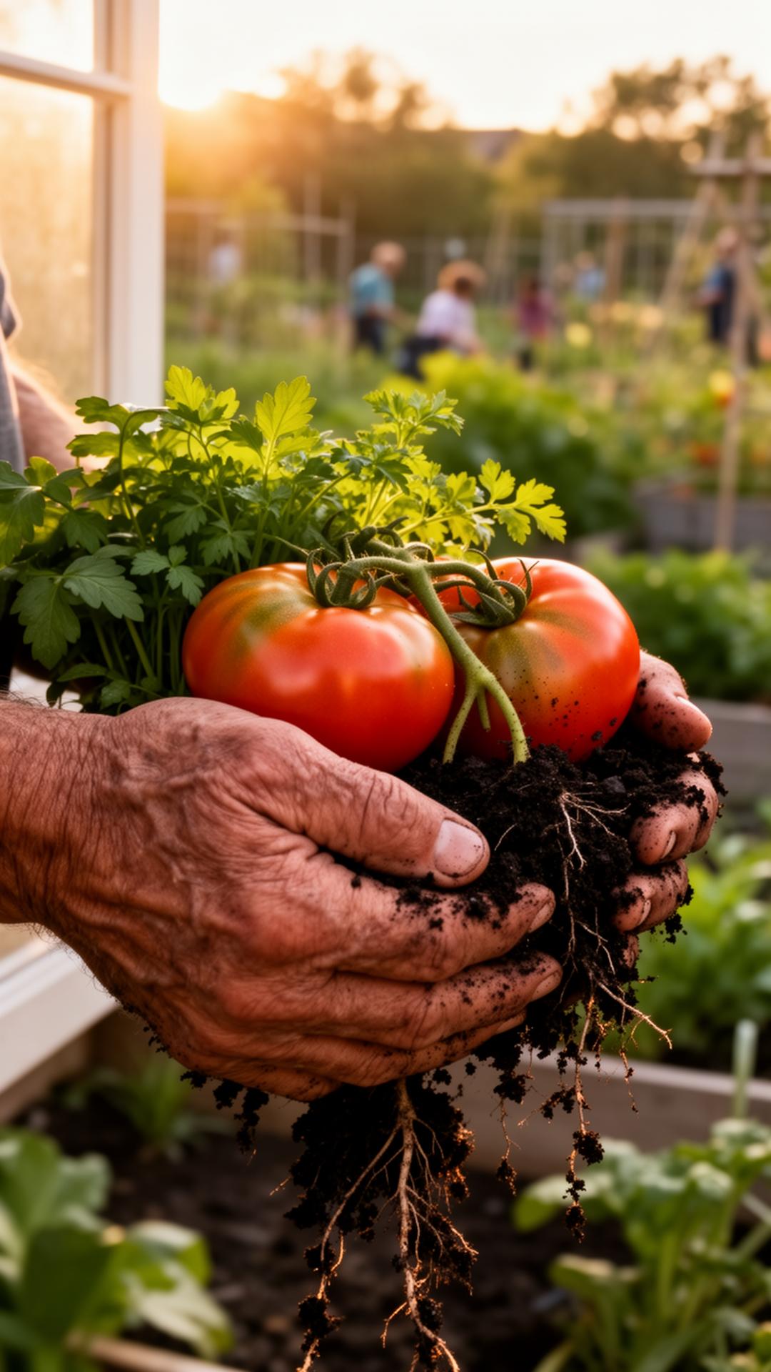 Weathered hands cradling fresh tomatoes and herbs from a community garden