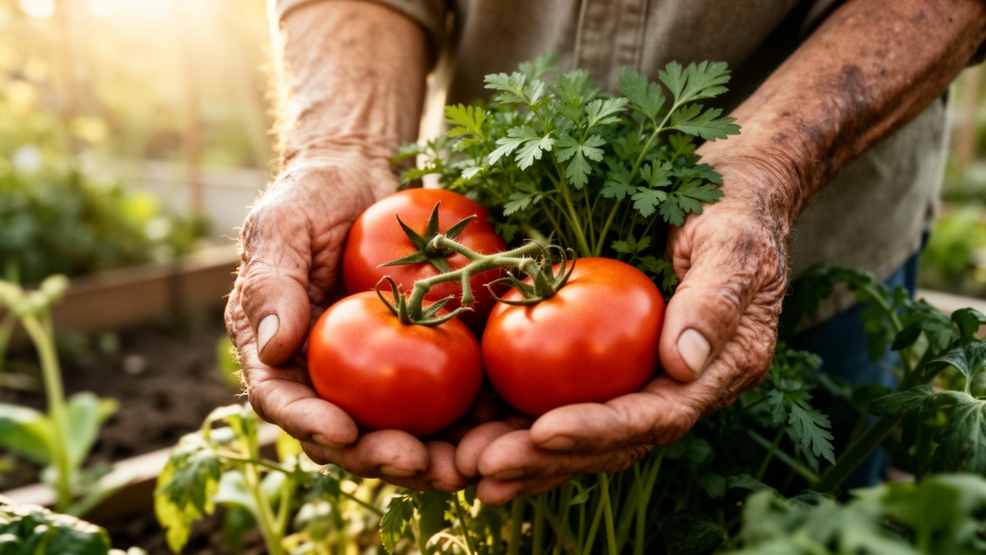 Weathered hands cradling fresh tomatoes and herbs from a community garden