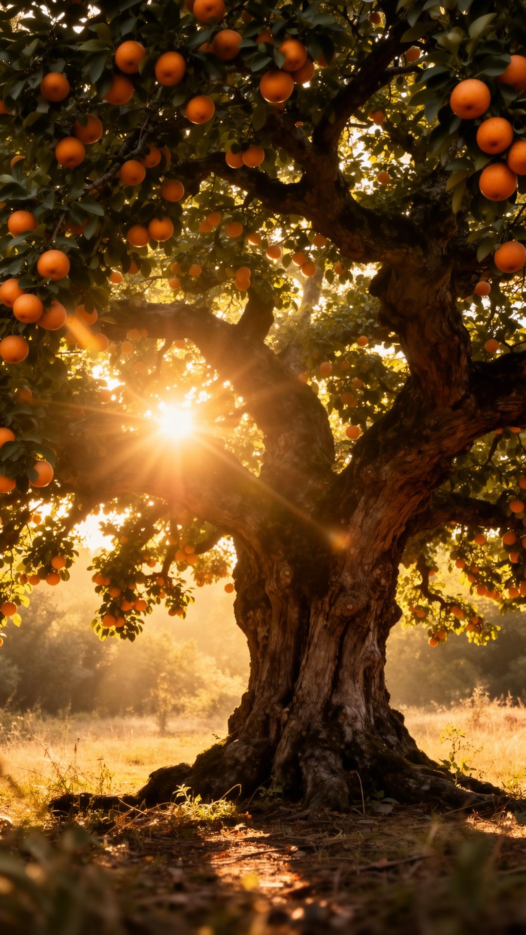 An ancient fruit tree heavy with ripe fruit, golden hour light filtering through the canopy