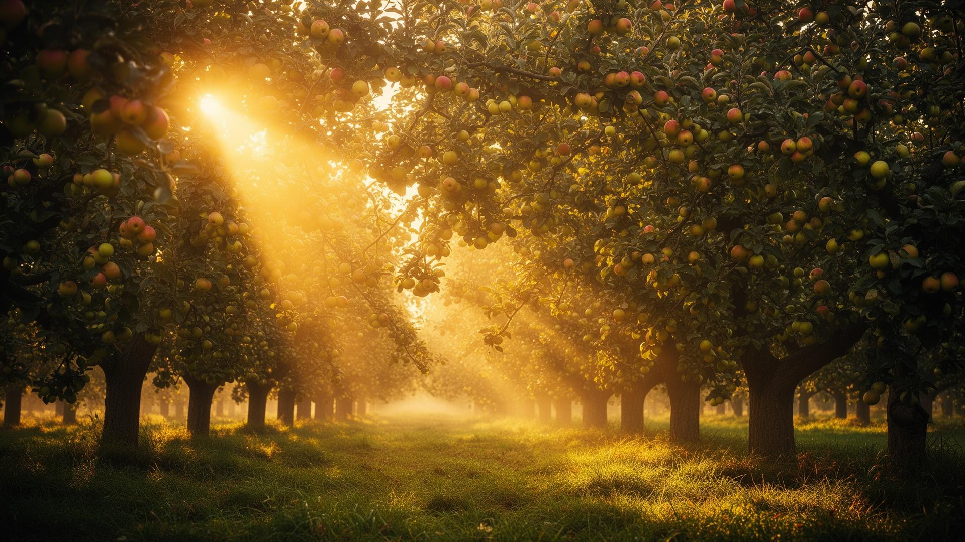 An ancient fruit tree heavy with ripe fruit, golden hour light filtering through the canopy